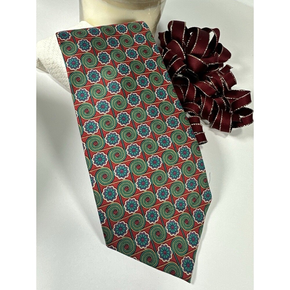 American Outpost Vintage Silk Tie – Red & Teal Psychedelic Floral Spiral